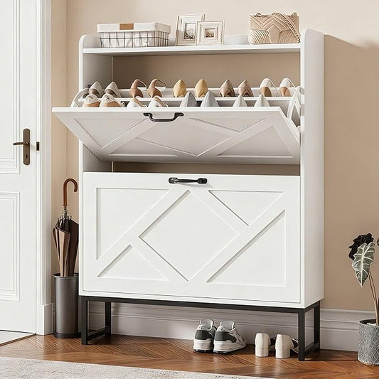 Nicetree Shoe Storage Cabinet with 2 Flip Drawers, Freestanding Shoe Organizer, Shoe Cabinet with Metal Legs, Narrow Shoe Rack Cabinet, Farmhouse Slim Shoe Cabinet for Entryway, Foyer, Hallway, White