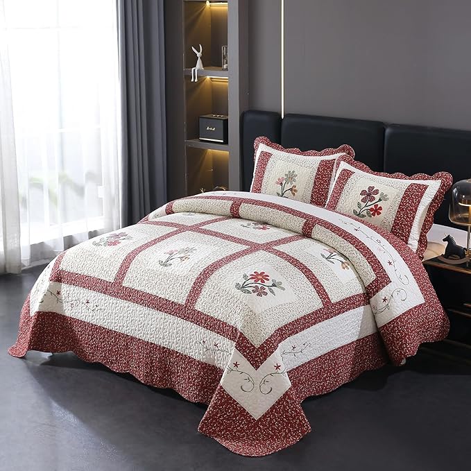 vctops Christmas Red 2 Piece Embroidered Floral Quilted Bedspread Quilt Set 100% Cotton Reversible Patchwork Coverlet Set 1 Quilt and 1 Pillow Sham (Red,Twin)