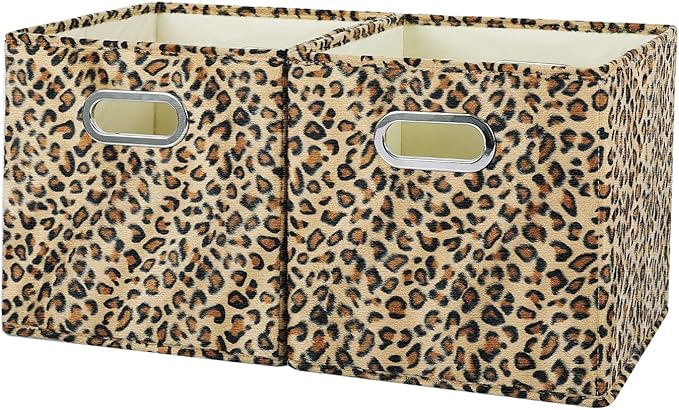 ANMINY 2PCS Storage Cubes Leopard Cheetah Print Velvet Fabric Storage Bins for Shelves, Collapsible Washable Closet Storage Baskets Boxes with Handles for Organizing and Storage -Brown, 11"x 11"x 11"