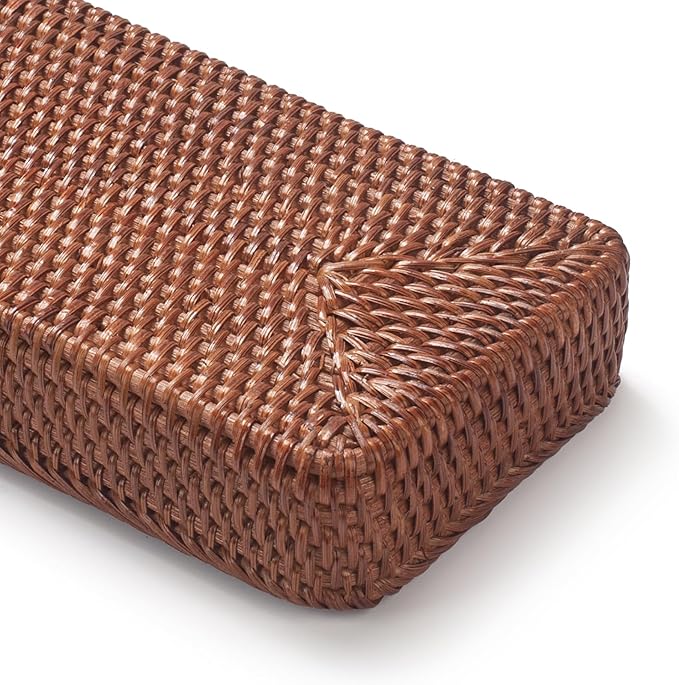 Rattan Bathroom Vanity Trays Toilet Tank Baskets Long Narrow Hand Towel Storage Basket for Storage, Decorative (Honey Brown 16.3 x 6.1 x 2 inch)