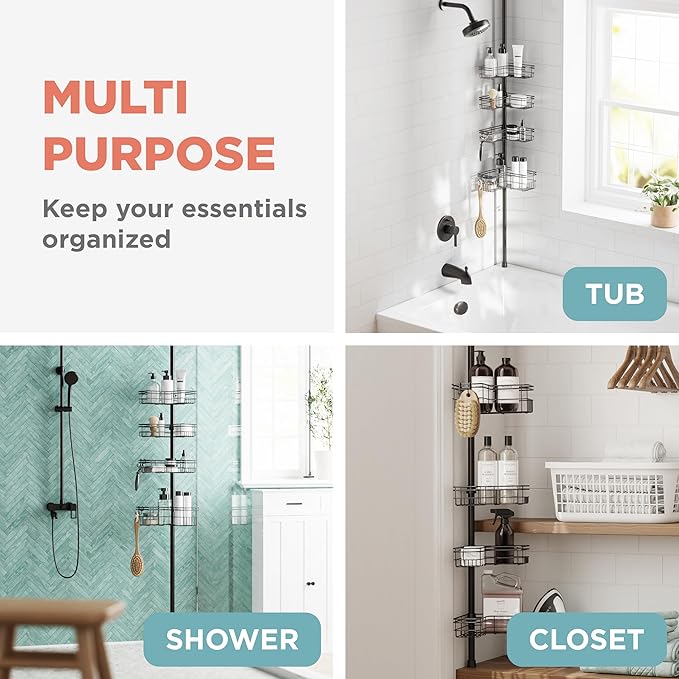 Zenna Home Tension Pole Shower Caddy Corner Organizer, Adjustable Standing Shower Caddy with 4 L-shaped Baskets and Hooks, Rust Resistant Bathroom Tension Rod Organizer, 60 to 97 Inch, Bronze