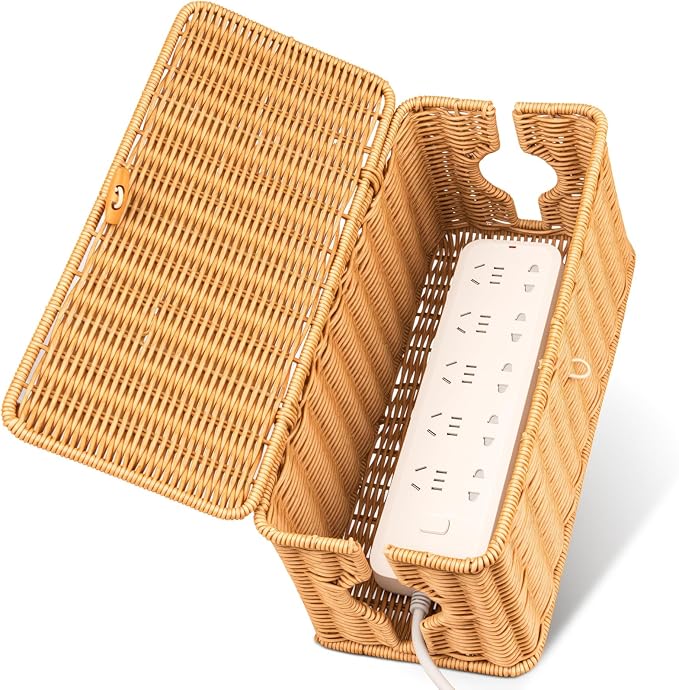 Cable Organzier Box, Handwoven Imitation Rattan Power Strip Cover Cable Management Box, 2 Open Slots Cord Organizer Cord Storage Basket for Computer Router USB Hub and Power Strip