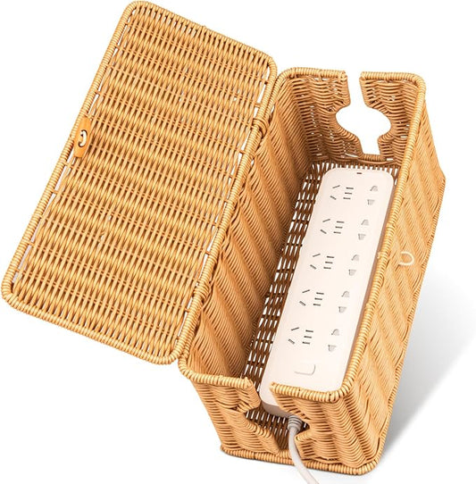 Cable Organzier Box, Handwoven Imitation Rattan Power Strip Cover Cable Management Box, 2 Open Slots Cord Organizer Cord Storage Basket for Computer Router USB Hub and Power Strip