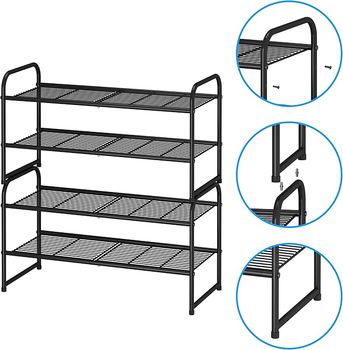 Simple Trending 2-Tier Stackable Shoe Rack, Metal Shoe Shelf Storage Organizer, Black
