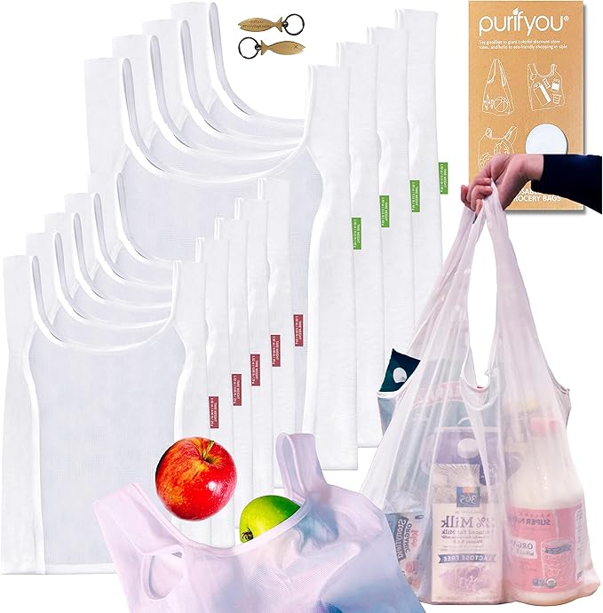 purifyou Set of 9 Reusable Grocery Bags with Handles, Dual-Purpose See-Through Mesh, Washable Foldable Shopping Bags for Groceries, Food Storage, Kitchen Supplies, and Home Organization