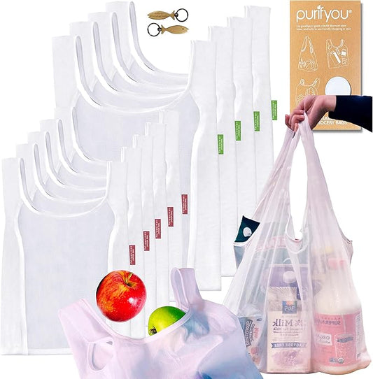 purifyou Set of 9 Reusable Grocery Bags with Handles, Dual-Purpose See-Through Mesh, Washable Foldable Shopping Bags for Groceries, Food Storage, Kitchen Supplies, and Home Organization