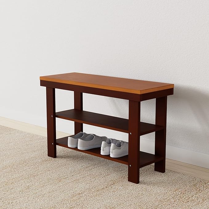 Amazon Basics Solid Pine Wood Entryway Shoe Rack Bench, Espresso, 10.4" D x 27.56" W x 17.72" H