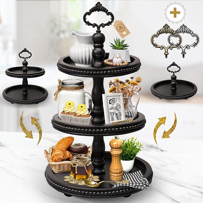 [3-in-1] Wooden Tiered Tray Stand - Beaded 3 Tiered Tray Decor Wood Cupcake Stand for Farmhouse Country Rustic Home - 3 Tier Stand [with 3 Changeable Handles] by Felt Creative Home Goods (Black)