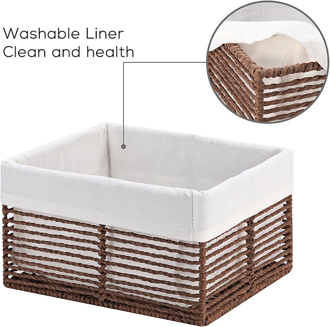 Vagusicc Wicker Storage Basket, Hand-Woven Paper Rope Woven Baskets, Rectangular Small Wicker Baskets for Organizing, Cube Storage Bins for Closet/Clothes/Dresser, Brown, 5-Pack