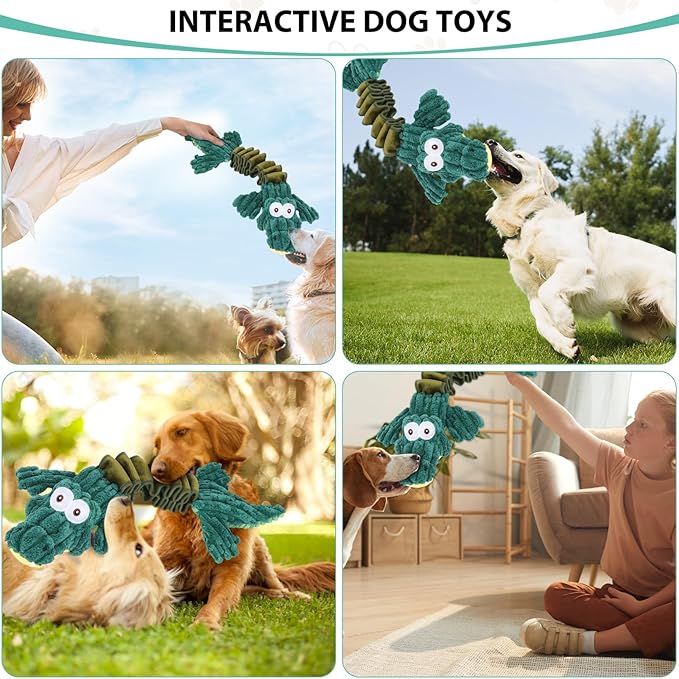 Squeaky Dog Toys for Large Dogs, Cute Puppy Toys, Plush Stuffed Pet Dog Toys with Crinkle Paper, Interactive Tug of War Dog Toys to Keep Them Busy for Small Medium Big Dogs, Green
