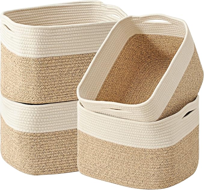 Storage Baskets for Organizing & Shelves, Woven Cotton Rope Organization Bins for Dog Toys, Clothes, Books, Nursery Organizer, 15" Lx11''Wx9.5''H, (4 Packs) Off White & Brown