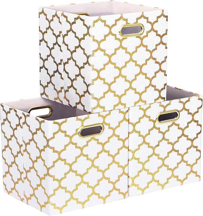 11x11x11 Cube Storage Bins, Collapsible Storage Bins Fabric Storage Cubes Organizer Baskets Box Drawers for Shelves, Closet, Wardrobe, Bookshelf, Cabinet, 3 Pack, White & Gold