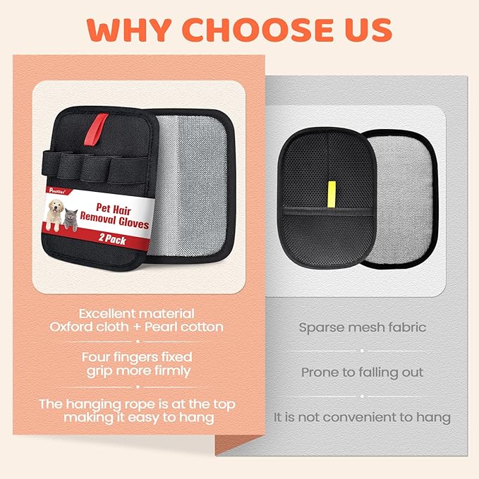 2 Pcs Pet Hair Removal Glove for Dogs & Cats, Electrostatic Pet Hair Gloves, Reusable Pet Hair Remover Glove, Washable Animal Fur Removal Tool for Couch, Carpet, Car Seat, Clothing