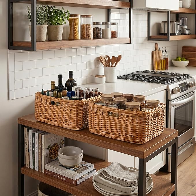 StorageWorks Pantry Baskets, Willow Storage Baskets for Organizing, Shelves, Pantry Organizers and Storage, Light Brown, 16 ½"L x 13"W x 7 ½"H