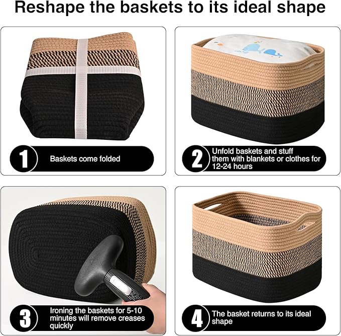 Storage Baskets for Shelves Organizing, Woven Cotton Rope Baskets for Storage, Book Basket, Towel Basket, 12.5"Lx9.1''Wx7.9''H (4 Packs) Gradient Black & Jute