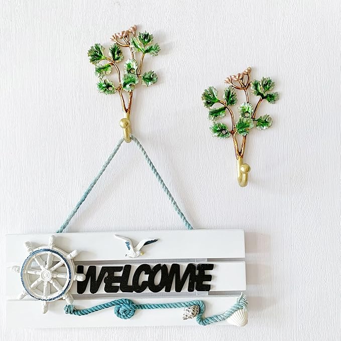 Vintage Tree Leaf-Shaped Decorative Wall Hooks Rack Hangers for Hanging Clothes Coats Towels Keys Hats, 2 Pack Antique Metal Mounted Wall Hook