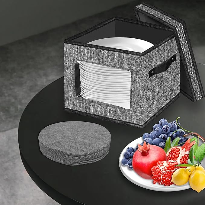 homyfort China Storage Containers With Lid and Handles, Dinnerware Storage Box for Dishes with 12 Felt Dividers, Hold 24 Plates, 12x 12, Set of 2, Grey