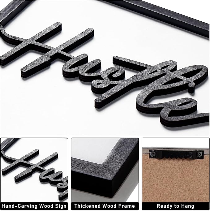 3D Wood Inspirational Office Wall Decor, 36" x 16" Framed Grind Hustle Success Motivational Wall Art, Positive Quotes Wall Art for Home Office Bedroom (Ready to Hang, Set of 3, Framed)