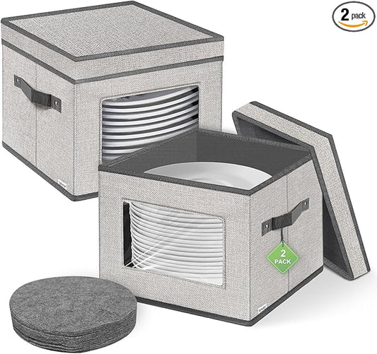 homyfort China Storage Containers With Lid and Handles, Dinnerware Storage Box for Dishes with 12 Felt Dividers, Hold 24 Plates,12 x 12, Set of 2, Light Grey