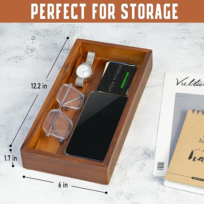 Demigo Acacia Wood Valet Tray & Catchall - 12.2x6 Inch Organizer for Nightstand, Entryway, Dresser - Holds Keys, Wallet, Phone, Jewelry (Brown)