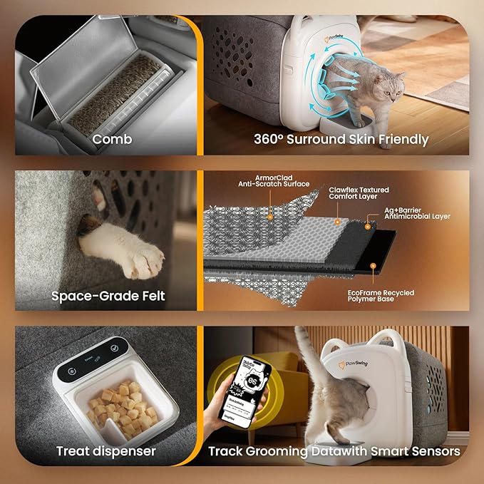 Automatic Cat Self Groomer 360° Surround Skin Friendly Grooming Supplies Self Cleaning Brush with Cat Tongue Mimicry and Treat Dispenser Reduce Shedding and Hairballs Smart Comb for All Cats
