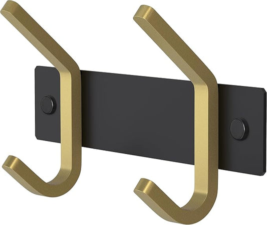 Small Coat Rack Wall Mount – Black and Gold Hook Rail with 2 Double Coat Hooks, 6 Inch Stainless Steel Wall Hooks for Entryway, Bathroom, Bedroom, Closet, Towel, Hat, Bag, Heavy Duty Organizer