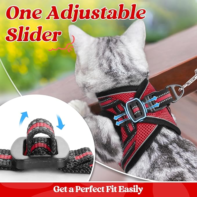 rabbitgoo Cat Harness and Leash Set for Walking Escape Proof, Adjustable Soft Kittens Vest with Reflective Strip for Cats, Comfortable Outdoor Vest, Red, L