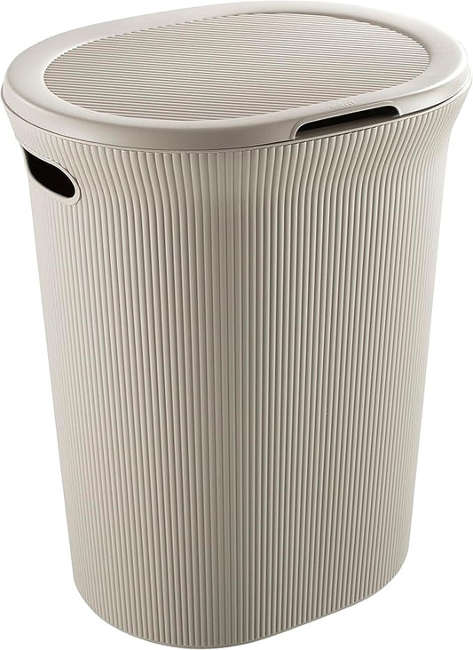 Superio Ribbed Collection - Decorative Plastic Laundry Hamper with Lid and Cut-Out Handles, Taupe (1 Pack) Basket Organzier for Bedroom Bathroom College Dorm Room 40 Liter
