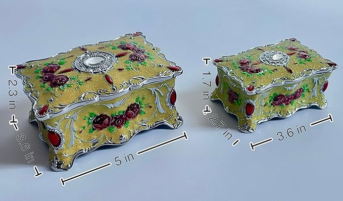 Truewon Jewelry Chest Rose Pastoral Style Metal Box Trinket Vintage Trinket Gemstone Storage Tray Treasure Souvenir Gift Case for Girls Women (Chrome Starshine Yellow, Medium)