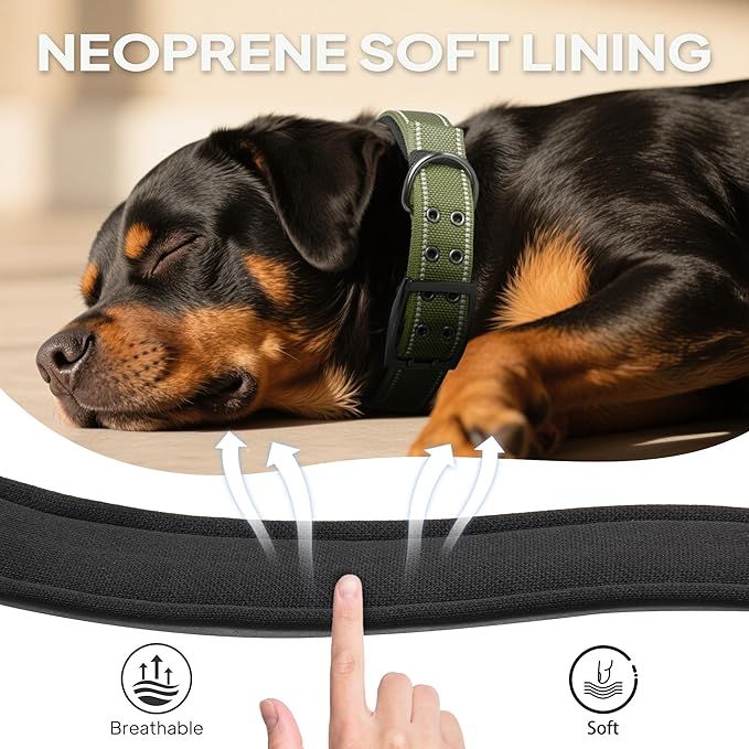 PetiFine Dog Collar for Large Dogs, Neoprene Padded and Adjustable, Reflective Wide Heavy Duty Pet Collars with Durable Metal Belt Buckle for Walking, Green, XL