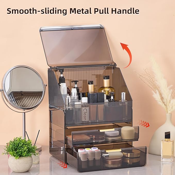 Large Cosmetic Organizer Fully Transparent with Drawers, Dustproof Waterproof Bathroom Counter Storage for Skincare Lipstick Makeup Brushes(Black)