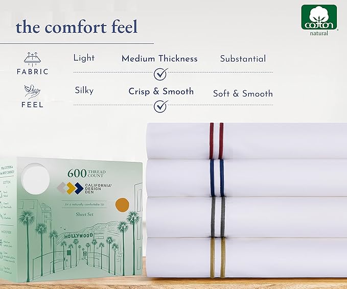 California Design Den King Size Sheet Set - 100% Cotton, 600 Thread Count, Deep Pocket King Sheets, Premium-Feel Bedding with Sateen Weave - White Embroidered Gray