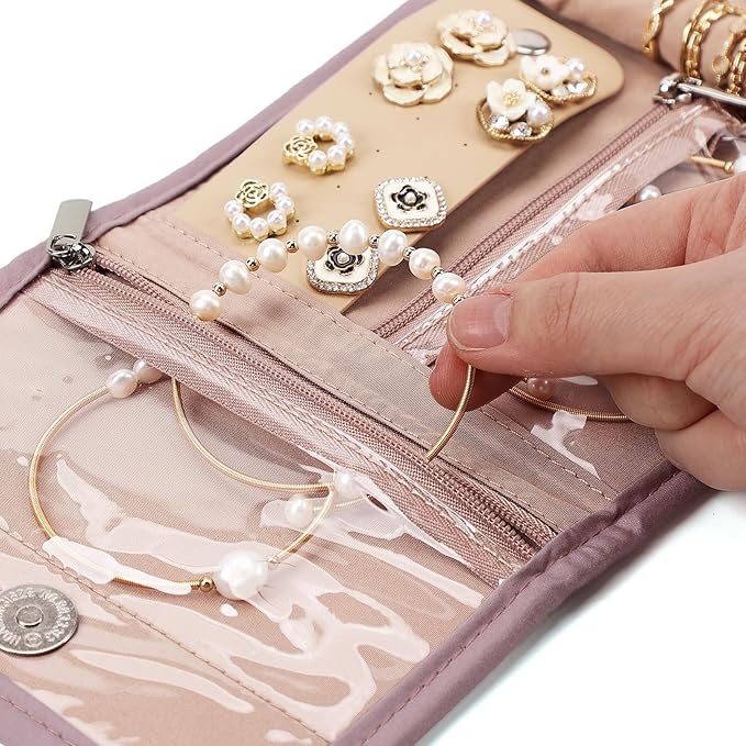 BELALIFE Travel Jewelry Case Organizer, Small Foldable Storage Roll for Earrings, Necklaces, Rings, Bracelets, Brooches, Peach-Pink