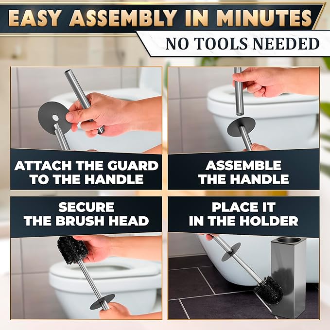 Silver Toilet Brush and Holder Set Stainless Steel – Square Design Toilet Bowl Brush and Holder, Rust, Corrosion & Scratch Resistant with Splash Protection, for Efficient Cleaning and Neat Storage