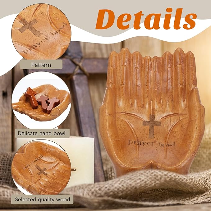 LemonRoad 36 Pcs Hands Shaped Prayer Bowl Set Wooden Prayer Bowl with 5 Wood Hand Held Crosses 30 Printed Cards for Mom Dad Christian Gift Religious Birthday Retirement Home Table Decor