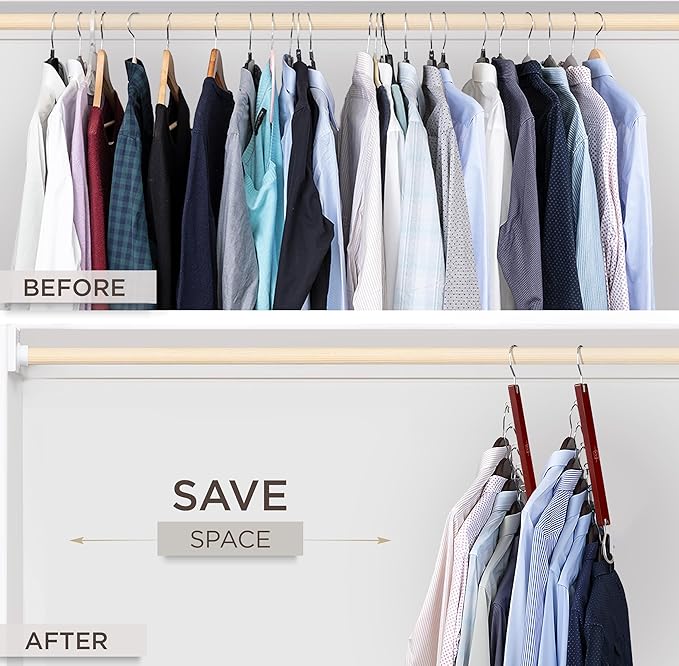 MORALVE Space Saving Hangers for Closet – 4 Pack European Beechwood 6-Tier Shirt Organizer with 360° Swivel Hook – Collapsible Clothes Hanger for Closet Organization (Hangers Not Included)