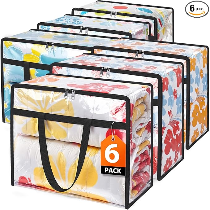 Clear Clothes Storage Bags, 6 Pack Closet Organizers and Under Bed Storage Containers, Foldable Moving Bags with Zippers for Comforter, Blanket, Bedding, Duvet, PVC Packing Bags 90L