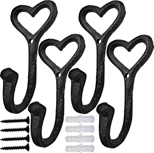 ZEYU Heavy Duty Coat Hooks, 4pcs Cast Iron Love Heart Shape Wall Hooks for Hanging Coats, Black No Rust Hooks for Scarf, Bag, Towel, Key, Cap, Cup, Hat