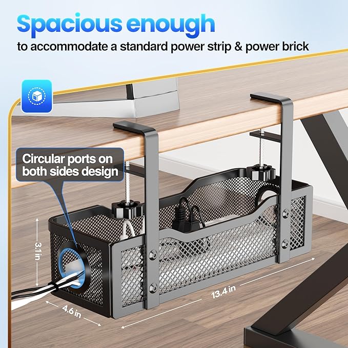 2 Pack Cable Management Under Desk Tray, No Drill Cable Management Box with Clamp for Wire Organization, Cord Organizer for Office, Home - No Damage to Desk (Black)