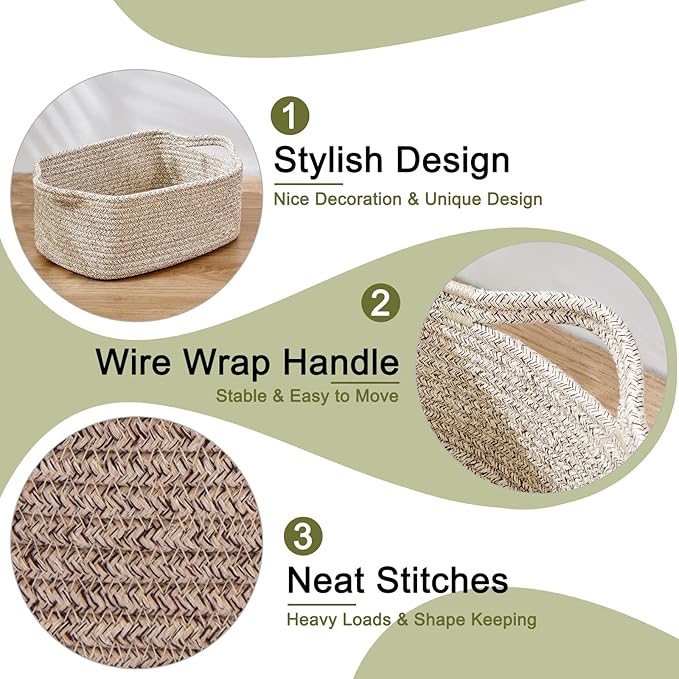 OIAHOMY Cotton Rope Baskets, Woven Baskets for Storage, Nursery Storage Baskets, Rectangle Storage Basket with Handles, Storage Baskets for Shelves, Pack of 3, Brown Variegated