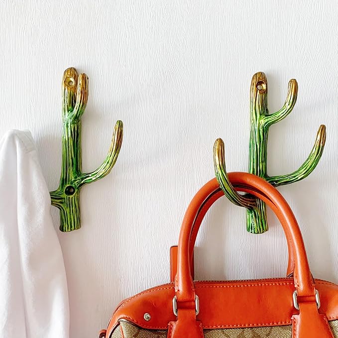 Vintage Cactus-Shaped Decorative Wall Hooks Rack Hangers for Hanging Clothes Coats Towels Keys Hats, 2 Pack Antique Metal Mounted Wall Hook