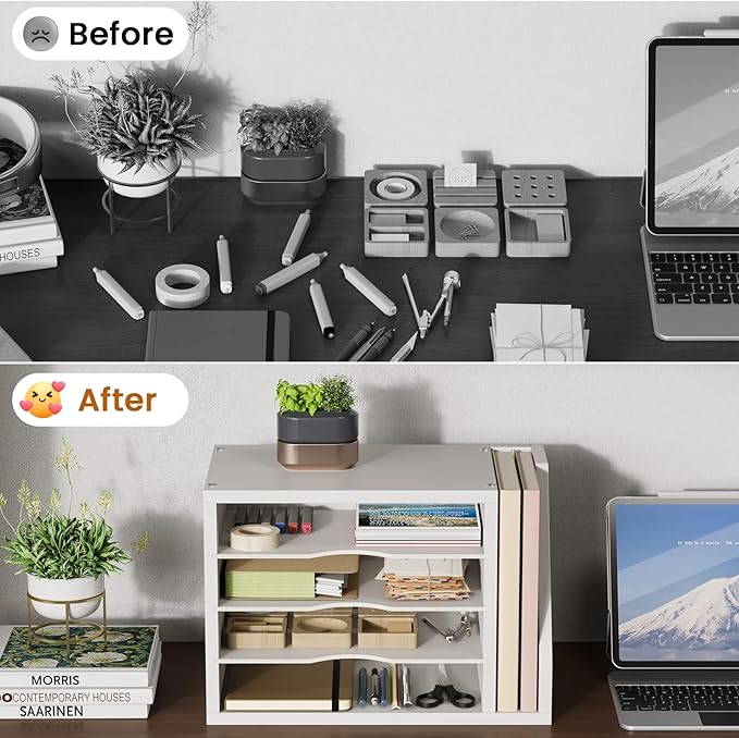 File Organizer Desktop, Wood Desk Organizer with 3 Adjustable Shelves, Mail Paper Sorter for Office, Home, File Holders for Envelopes, Mail Supplies or Magazines, White