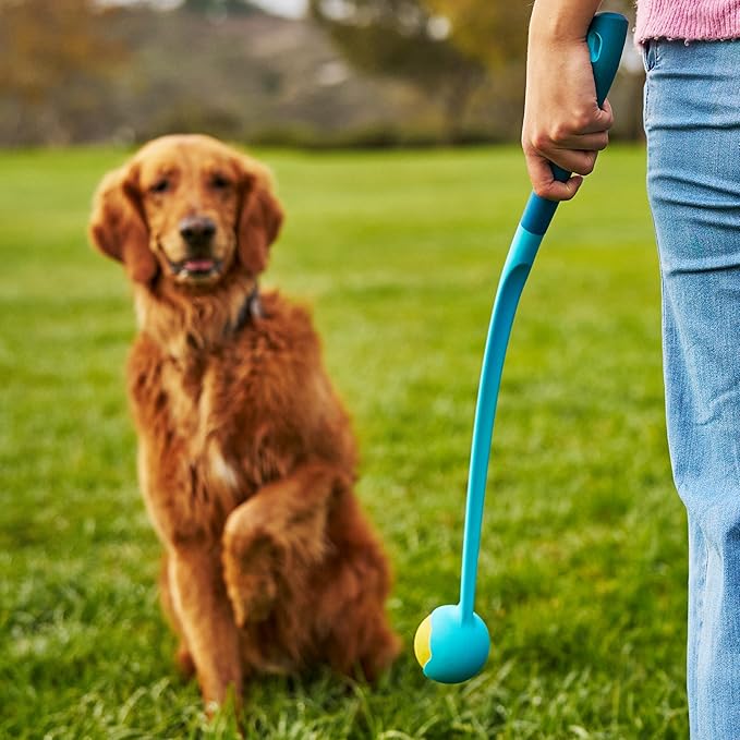 GoSports Pets Dog Ball Launcher - Ergonomic Tennis Ball Thrower for Dogs 20+ lbs - Includes Tosser and (2) 2.5 Inch Balls for Fetch