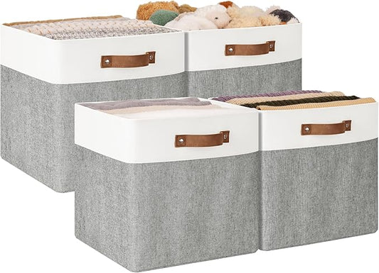 StorageWorks 13x13 Inches Storage Cube, Fabric Storage Bins with PU Handles, Collapsible Organizer Baskets for Closet, Gray and White, 4-Pack