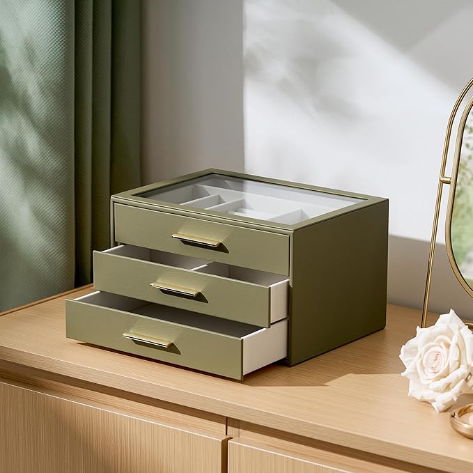 Jewelry Box Organizer Case for Women: 3-Layer Jewelry Storage Case with Glass Window, Olive Green Leather with Cream Velvet, Holder for Ring Necklace Bracelet Brooch Watch, Great Gift for Her