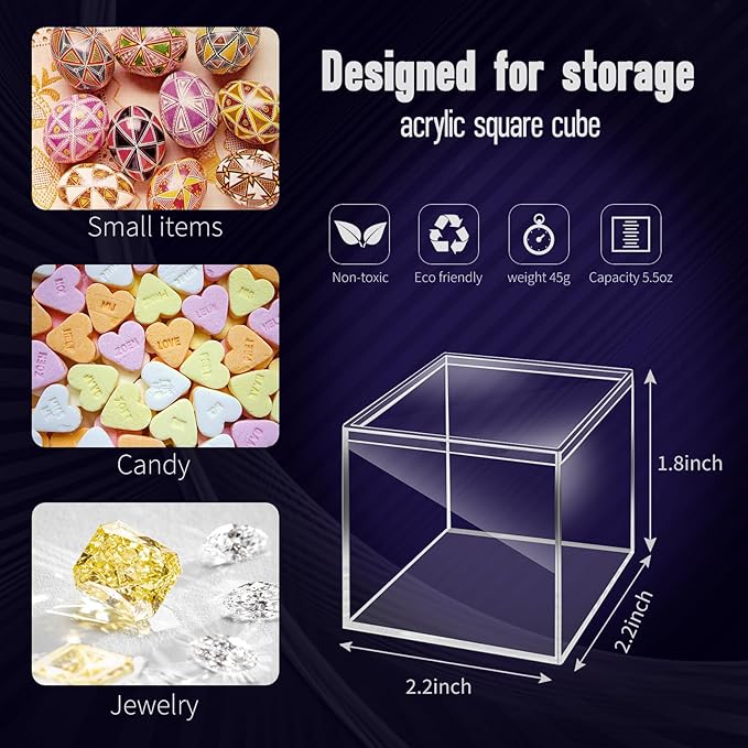 40 Pack 2.2 x 2.2 x 1.8 Inches Acrylic Containers Clear Box with Lids for Display Acrylic Gift Box & Clear Multi Purpose Organizer Candy Storage for Cosmetics, Makeup, Jewelry, Party Favor