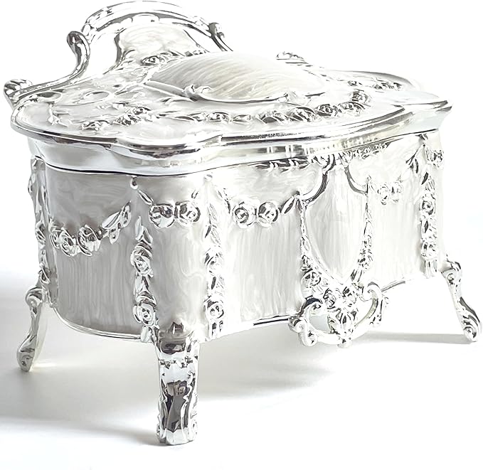 Truewon Princess Jewelry Box, Modern Korean Asian Design Metal Chest Earring Ring Necklaces Storage for Girls (Silver White, Small)