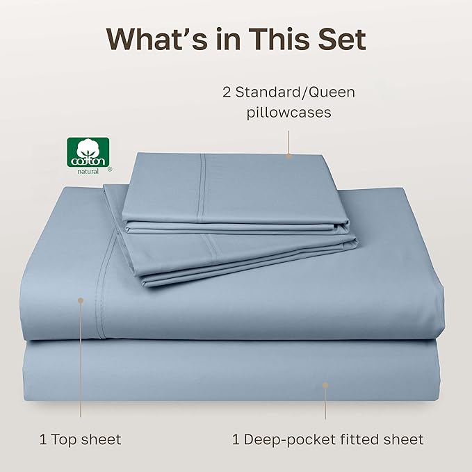 California Design Den Luxury Queen Size Sheet Set - 100% Cotton, 600 Thread Count Deep Pocket Queen Sheets, Hotel-Quality Bedding with Sateen Weave - Blue