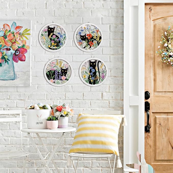 HPNIUB Funny Black Cat Wall Decor,Farmhouse Floral Wooden Signs,4 Pieces 10''x10'' Colorful Botanical Kitten Wall Art,Plant Cat Wood Plaque Home Decor for Pet Shop,Nursery,Lovely Cat Gifts