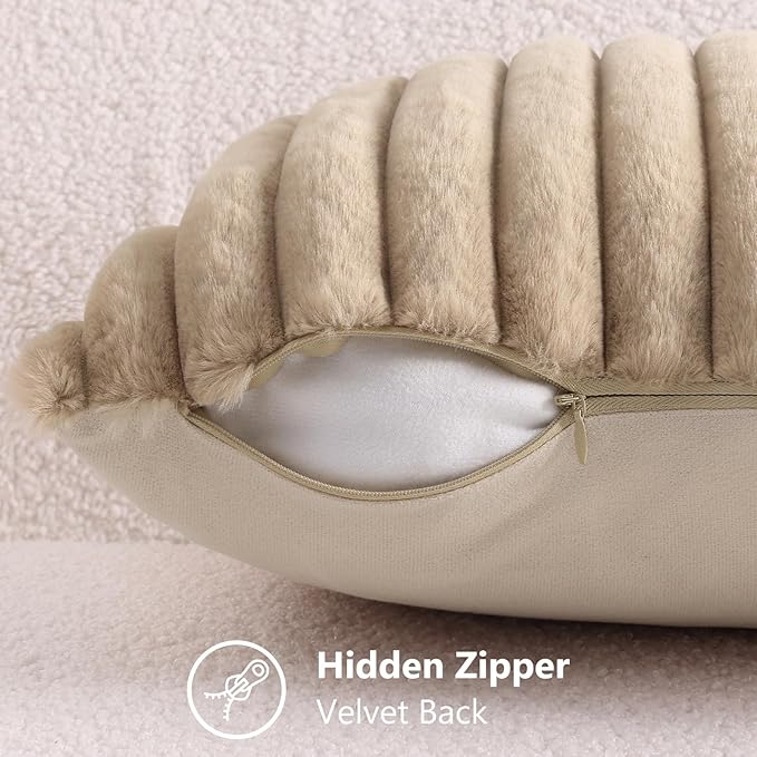 decorUhome Faux Fur Spring Throw Pillow Covers 18x18 Set of 2, Decorative Soft Plush Striped Neutral Couch Pillow Covers with Velvet Back for Sofa, Bed, Living Room Home, Khaki Brown